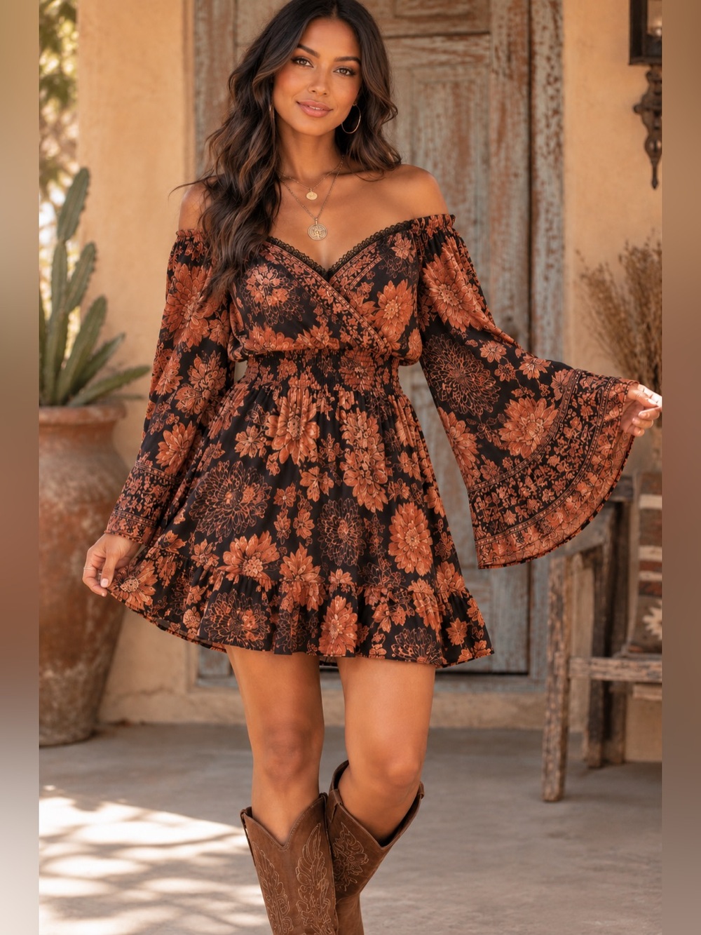 Angie Boho Floral Bell Sleeve Off Shoulder Mini Dress Black Rust L